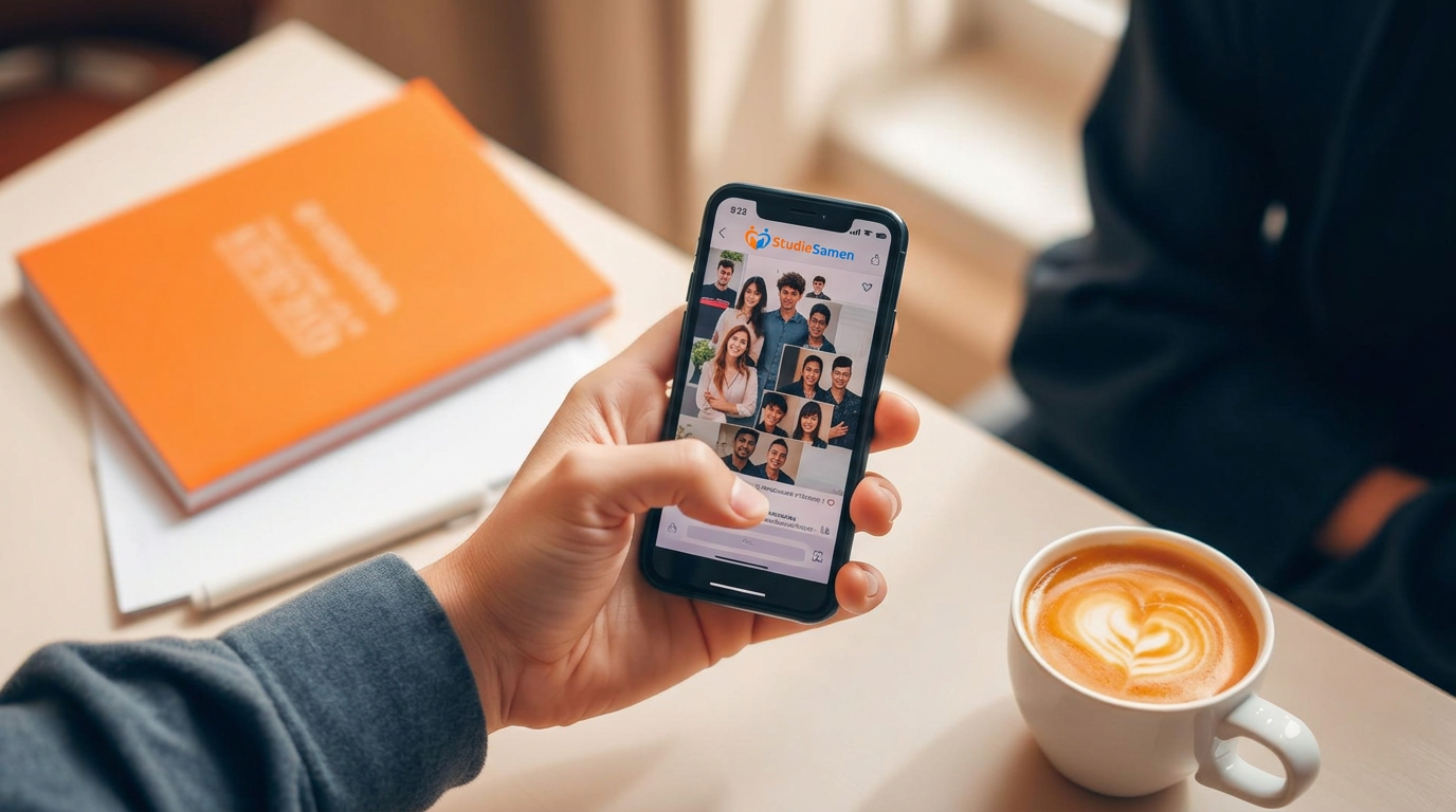 Student leest berichten in de StudieSamen WhatsApp-groep